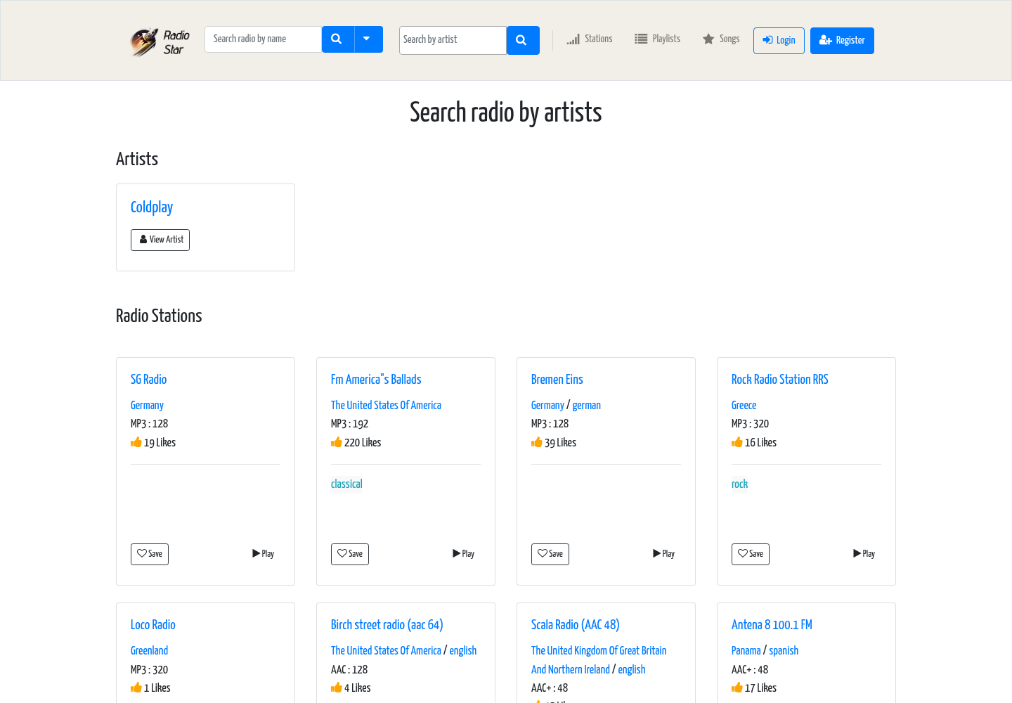 Search radio by artists — matched artist card plus grid of stations that rotate them