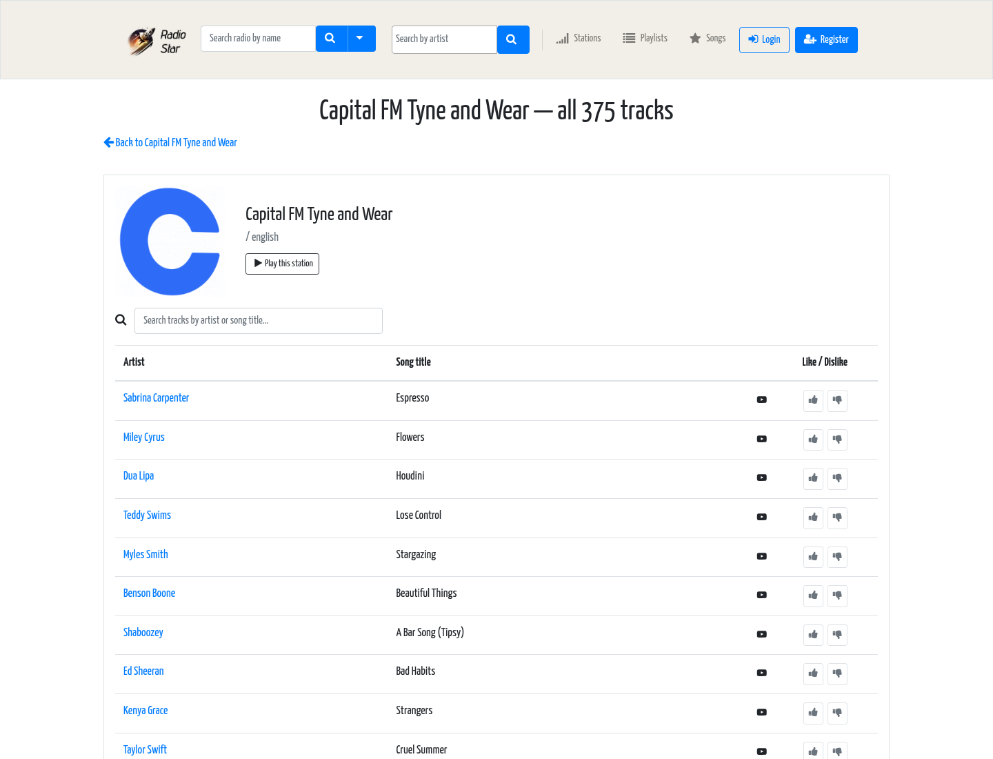 /tracks — full server-rendered tracklist with on-page search filter