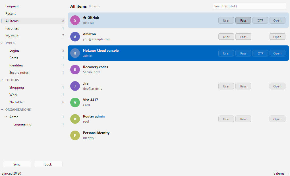 The vwclient vault window showing the item list in the light theme